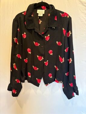 Vintage Silk Black Floral Button-Up Top with Red Roses by Field Manor